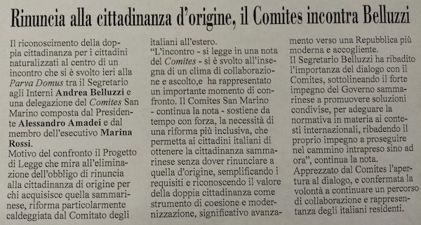 Cittadinanza al centro dell’incontro tra il Segretario Belluzzi e il Comites San Marino